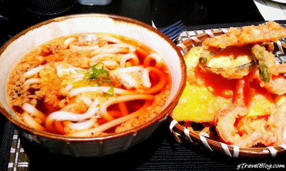 udon noodles with tempura vegetables