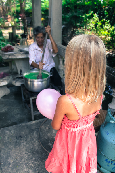 Learning how to make pandan noodles with coconut milk.